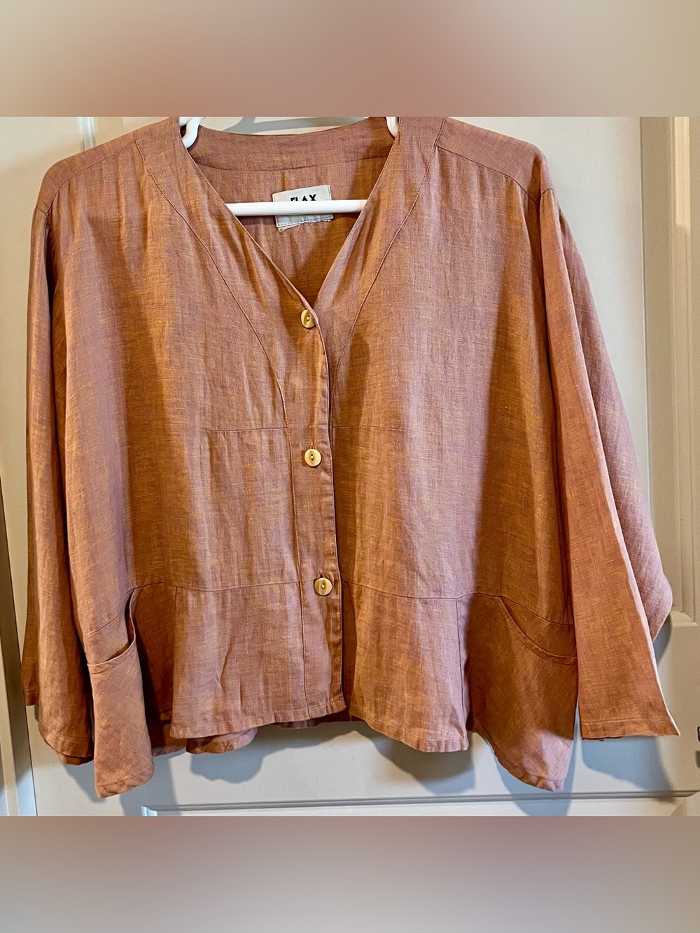 Flax by Jeanne Engelhart Blouse Peach-Tan Linen Button-Front Shirt Button Down